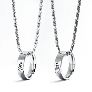 Minimalist silver steel couple necklace set with heart finger gesture ring pendants