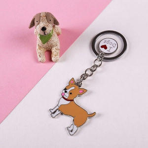 Brown Chihuahua metal keychain with I Love Dogs heart charm and silver hardware