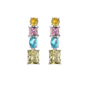 Close-up of multicolor cubic zirconia drop earrings with assorted shapes in silver settings
