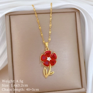 Detail view of red flower necklace with dimensions 1.6x3.2cm and 4.5g weight info