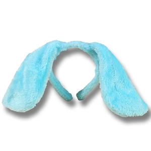 Detailed view of light blue plush bunny ears headband with soft faux fur texture
