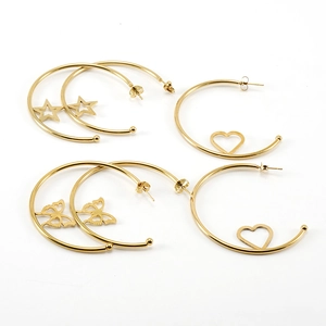 Three pairs of 18K gold plated C-shaped hoop earrings with star, butterfly, and heart charms