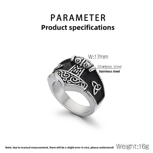 Detailed specifications of Viking Thor hammer ring in stainless steel with 17mm width