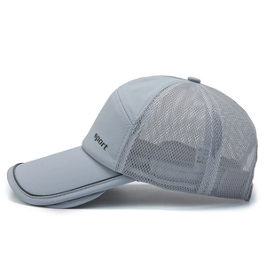 Grey breathable mesh baseball cap with long retractable visor and sport text logo