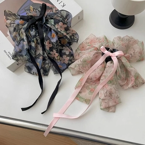 Floral chiffon bow hair claw clips with long ribbons in navy and pink colors