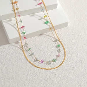 Bohemian double-layer gold chain necklace with colorful irregular natural stones
