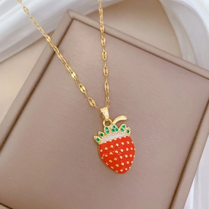Luxe titanium steel strawberry pendant necklace with red and white pave crystals