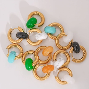 Gold stainless steel hoop earrings with natural stone charms in multiple colors