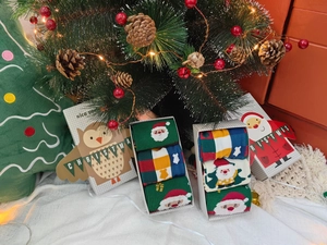 Lot de 3 paires de chaussettes de Noël en coton avec motifs festifs dans une boîte cadeau