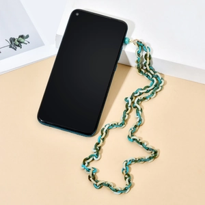 Three-color resin chain link phone strap in teal, cream, and olive with metal hook