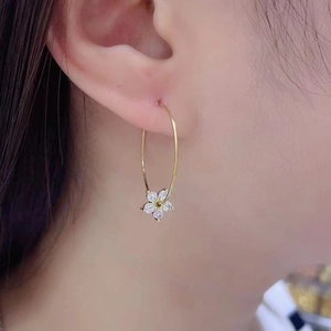 Macro detail of 18K gold plated flower earring with micro-set cubic zirconia on a model