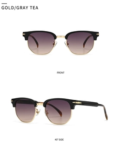 Front and side view of gold browline sunglasses with gray tea gradient lenses