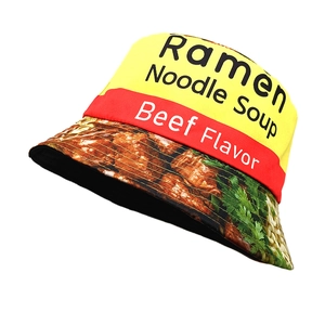 Unisex yellow ramen noodle soup print bucket hat with beef flavor design and sun protection