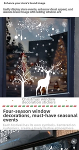 Detailed view of white Christmas window stickers featuring reindeer, trees and snowflakes