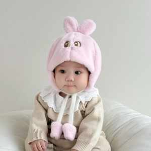 Pink plush baby winter rabbit hat with long ears and warm earflaps for wind protection