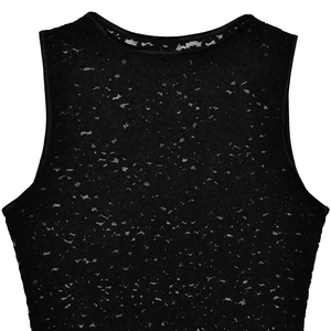 Close-up of black floral lace fabric on a sleeveless round neck top with intricate patterns