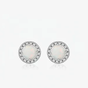 Geometric Round Synthetic Opal Stud Earrings With 925 Sterling Silver Earring Post Minimalist Halo Zircon Jewelry Women