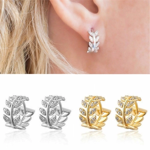 Fashionable olive leaf hoop earrings with cubic zirconia in silver and gold tones