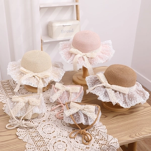 Sweet girls straw sun hat and matching bag set with lace trim and bow decorations