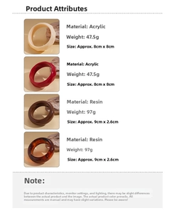 Detailed size and weight specs for acrylic and resin geometric faceted round bangles