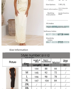 Size chart for strapless bodycon dress detailing measurements for S, M, L, and XL sizes