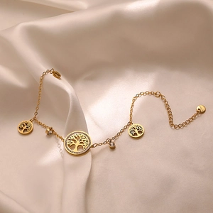 Bracelet en Acier au Titane Arbre de Vie pour Femme Plaqué Or avec Charme en Zirconia Bijoux de Mode Européenne