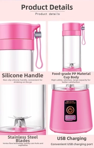 Detail of pink portable blender with food-grade cup and integrated steel blades