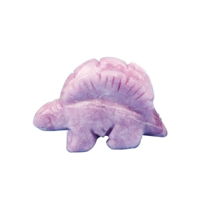Pink quartz carved stegosaurus figurine with natural stone texture on a white background
