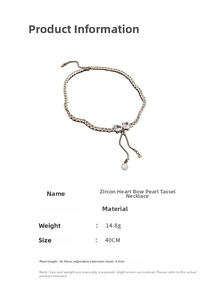 Detailed view of zircon heart bow necklace specs showing copper material and 40cm length