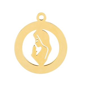 Detailed close-up of a gold-plated circular pendant featuring a hollow praying girl silhouette