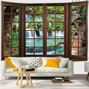 Detail of 3D forest waterfall landscape tapestry hanging on a modern living room wall