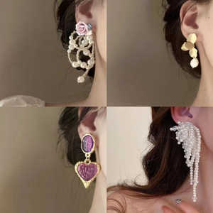 Elegant silver needle earrings with pearls and crystals in four vintage long styles