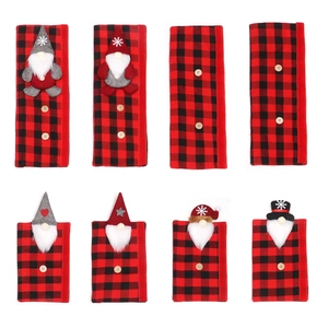 8-piece set of red and black buffalo plaid Christmas gnome refrigerator handle covers