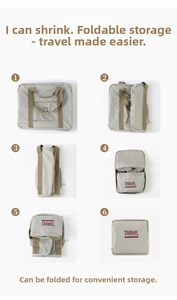 Six-step guide showing how to fold the gray Oxford travel bag into a compact pouch