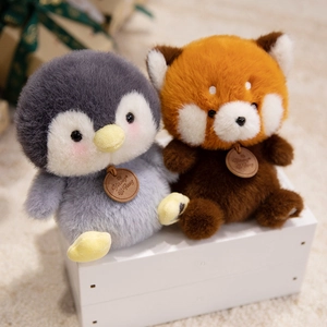 Adorable sitting plush toys featuring a penguin and red panda with premium soft fur texture