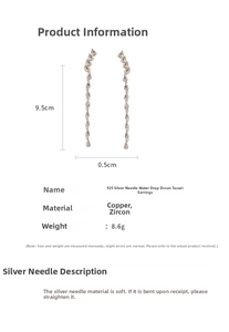 Detailed size specifications for 9.5cm drop zircon tassel earrings with 925 silver pins