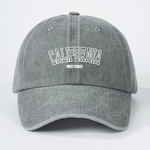 Unisex washed grey baseball cap with white CALIFORNIA CALIFORNIA embroidery and vintage style