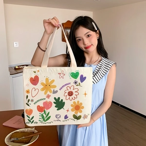 Large capacity canvas tote bag with colorful floral summer print for women
