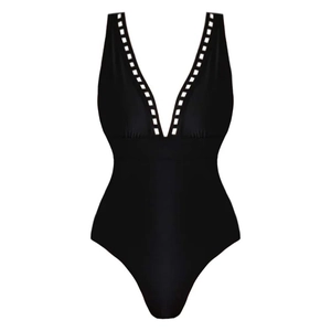 Detail of black one-piece swimsuit with deep V-neck and hollow trapezoid shoulder straps