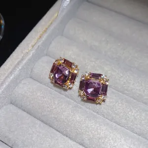 Vintage gold square stud earrings with emerald-cut purple stones and zircon accents