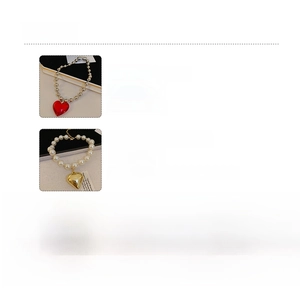 Detailed spec sheet showing resin heart pendants with alloy and imitation pearl chains