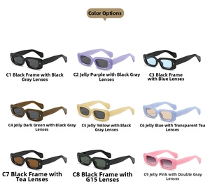 Matrix showing nine color options of vintage rectangular sunglasses with stylish frames