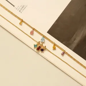 Elegant 18K gold brass necklace with colorful zircon pendants in various geometric shapes