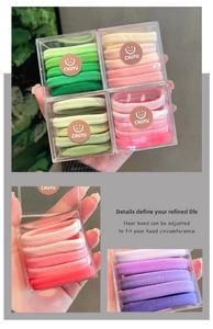 Detail showing colorful elastic hair bands with soft knit texture in transparent box