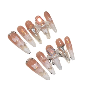 Handmade press-on nails with white gradient, hollow butterfly and 3D rhinestones