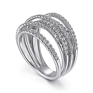 Crossed multi-layer silver ring with pavé-set zircons and elegant geometric wrapping