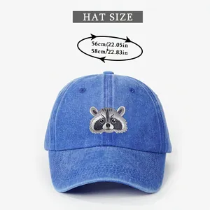 Size chart for washed denim baseball cap with raccoon embroidery showing 56-58cm head size