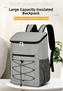 Detail of insulated cooler backpack with reflective strip and elastic bungee cord