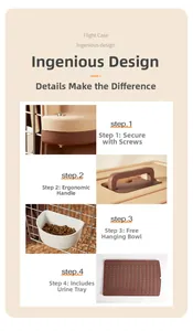 Detail showing the reinforced screw system, ergonomic handle, food bowl and floor mat