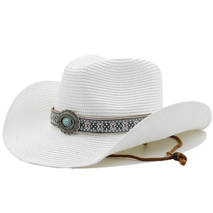 White woven western cowboy hat with ethnic turquoise band and adjustable chin strap